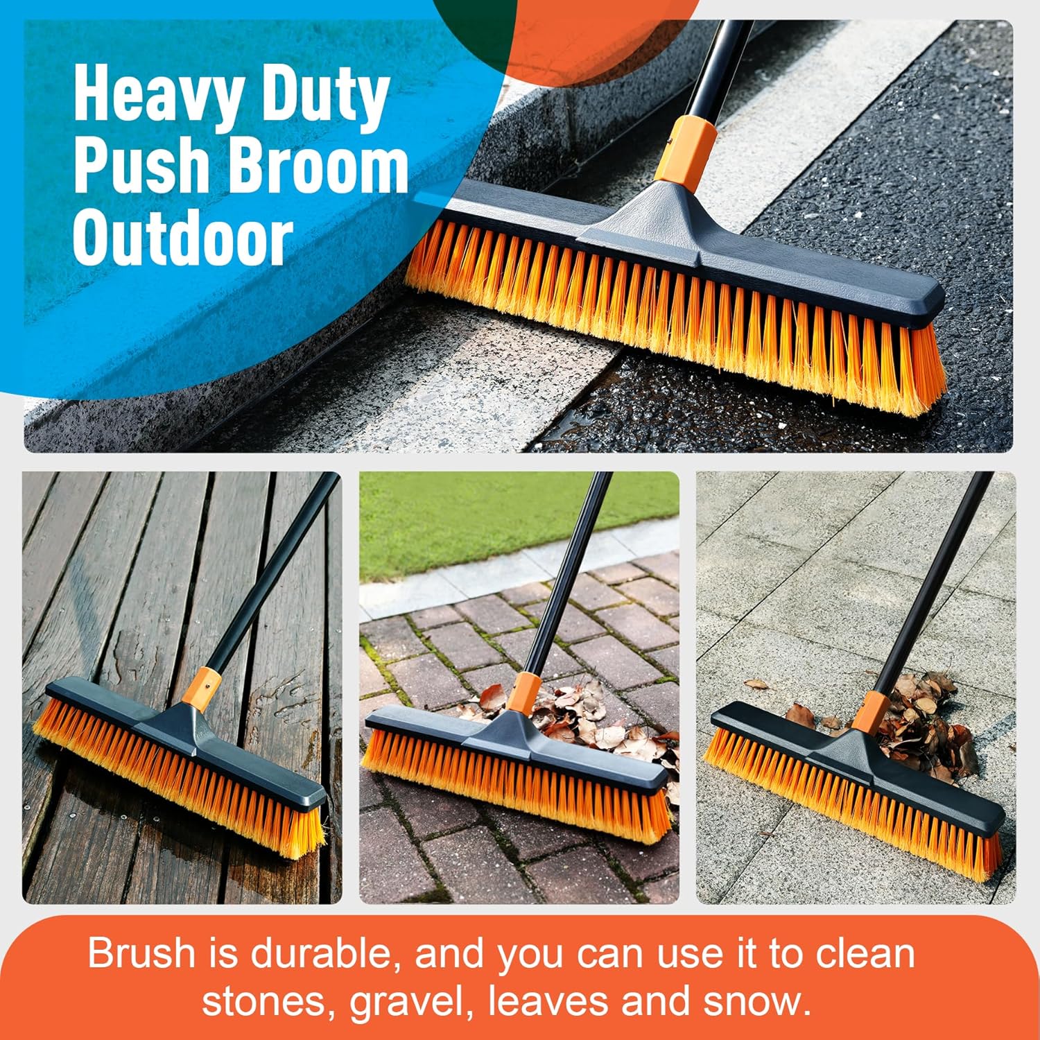 18" Push Broom Outdoor for Floor Cleaning with Extendable Long Handle, Stiff Bristle Heavy Duty