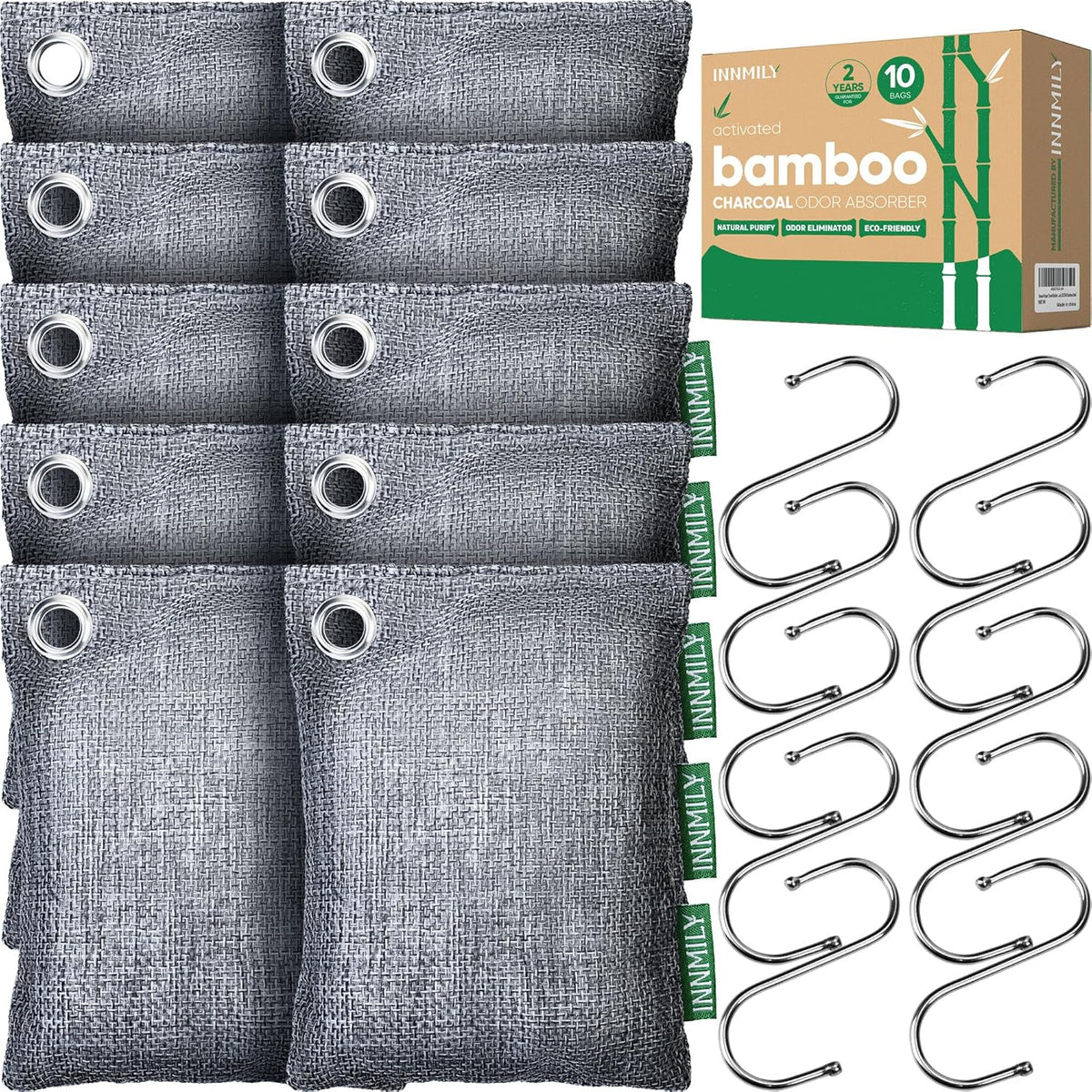 Activated Charcoal Odor Absorber, Large 10 Pack w Hooks Nature Odor Remover for Strong Odor, Bamboo