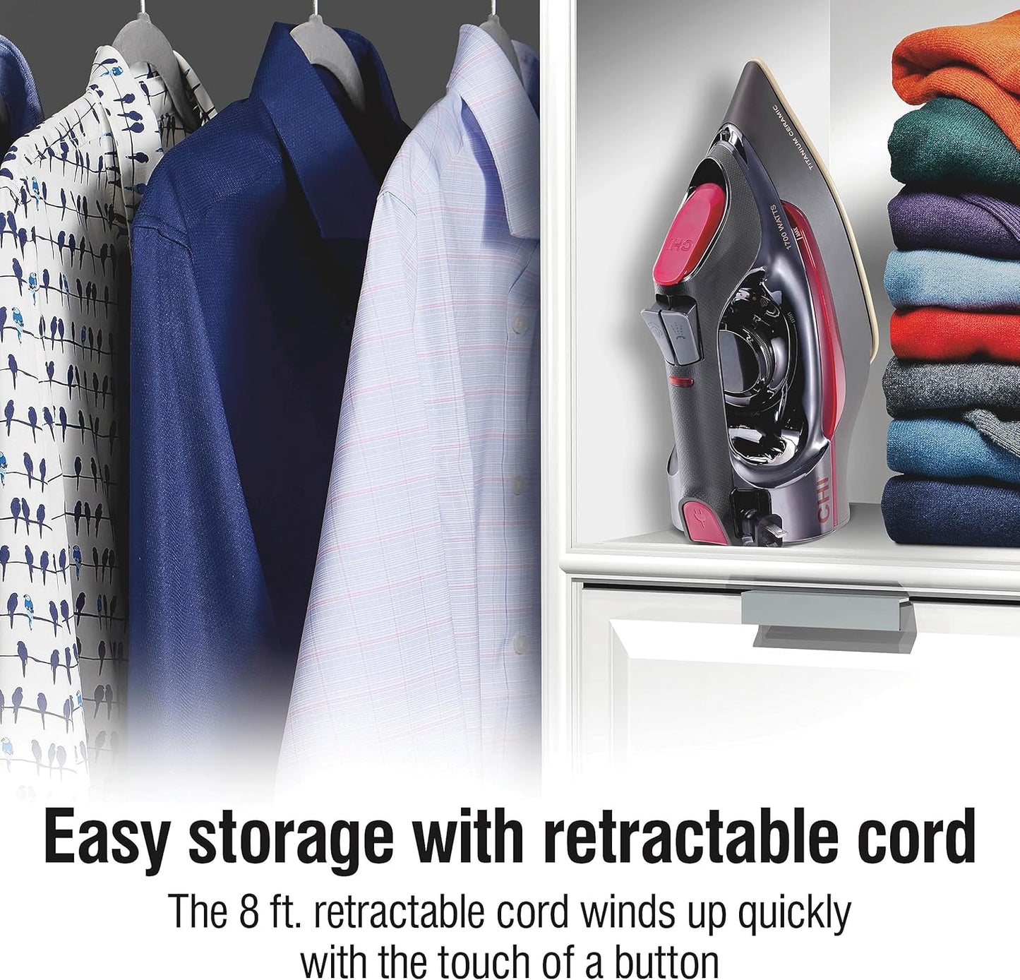 CHI Steam Iron for Clothes with 8’ Retractable Cord, 1700 Watts, 3-Way Auto Shutoff, 400+ Holes