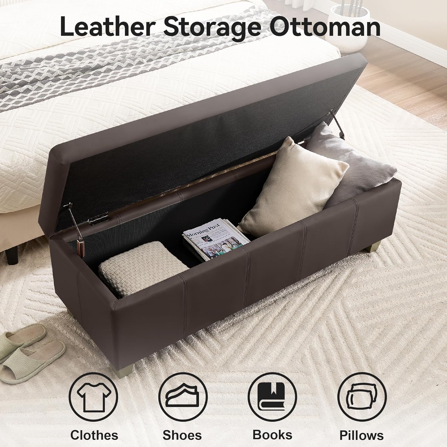 41" Faux Leather Storage Ottoman, Stitch Tufted Rectangle Upholstered End of Bed Storage Bench