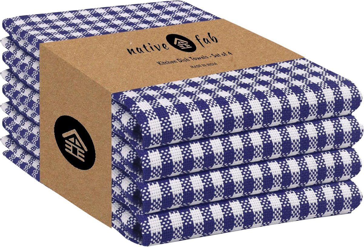 Native Fab Gingham Dish Towels 16x26 inches Set of 4 - Absorbent Washable Dishcloths, Dish Towels