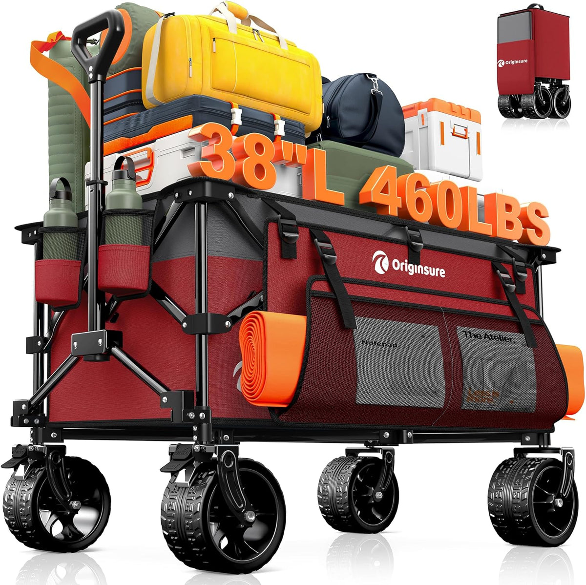 220L Collapsible Wagon Cart Foldable, 460lbs Load Capacity Heavy Duty Folding Beach Wagons with Big