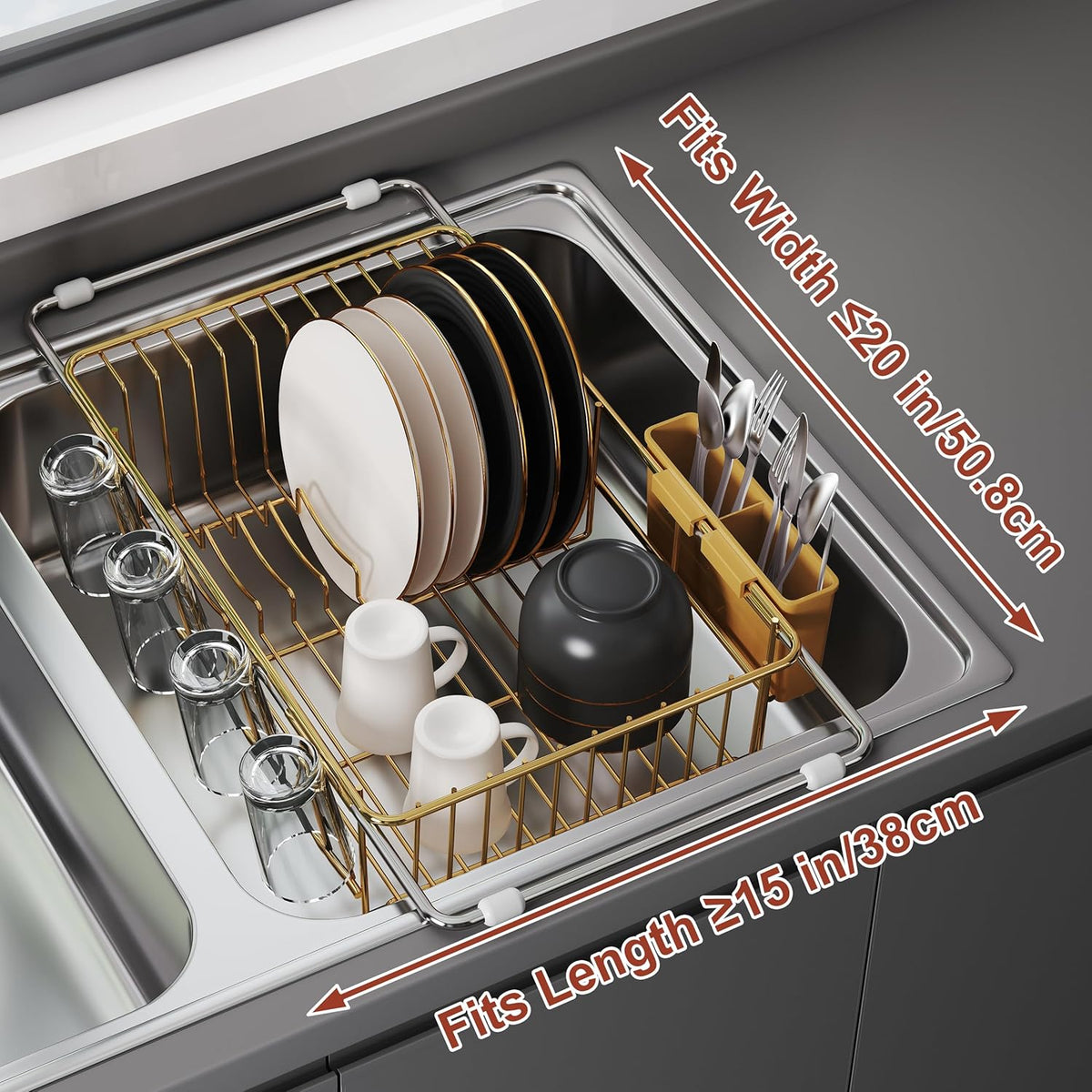 JASIWAY Sink Dish Drying Rack, Expandable Stainless Steel Dish Rack Over Sink, Kitchen Sink Drain