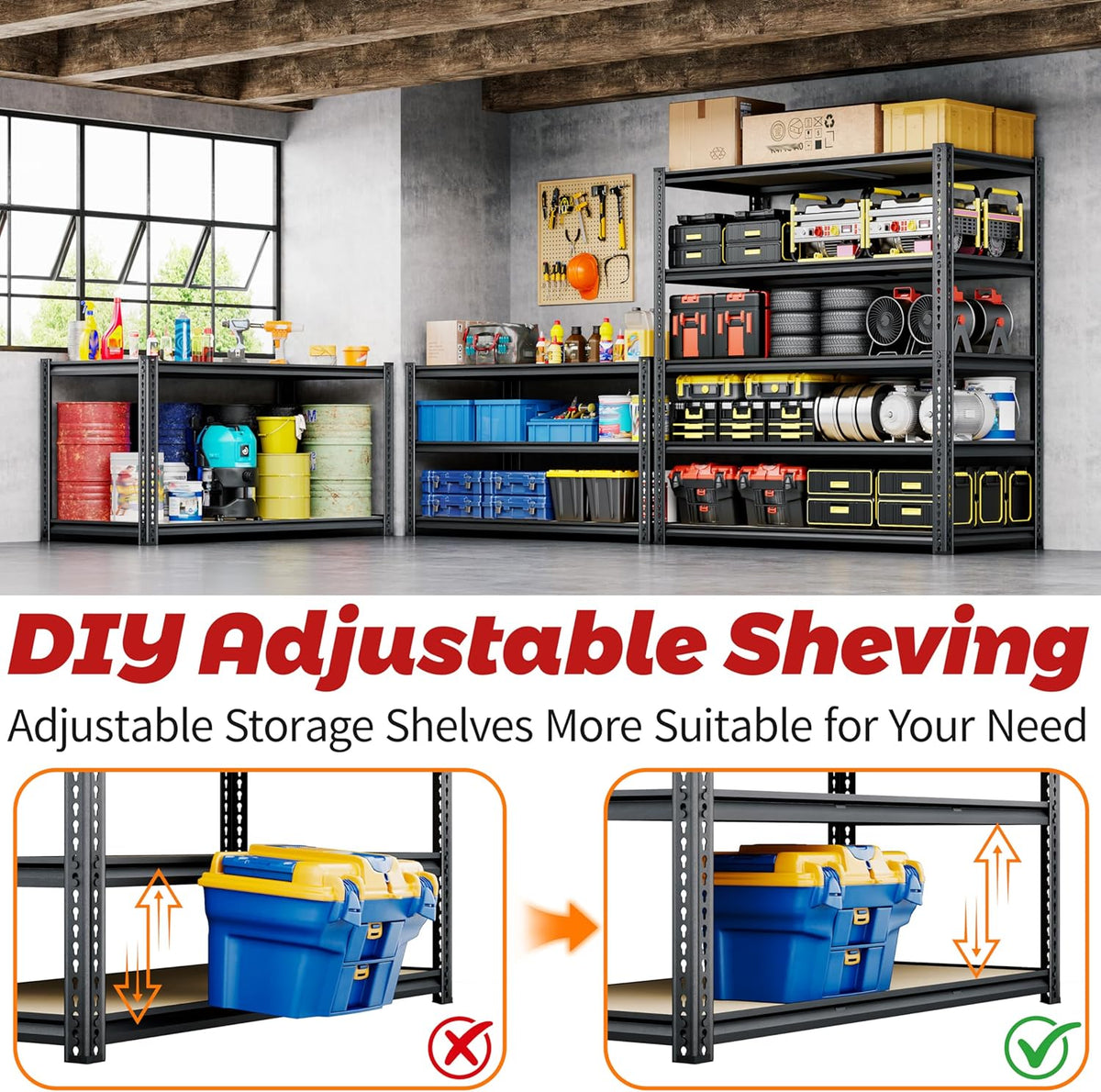72"H Storage Shelves heavy duty, 2200LBS Garage Shelving, 5 Tier Metal Shelving Unit Adjustable