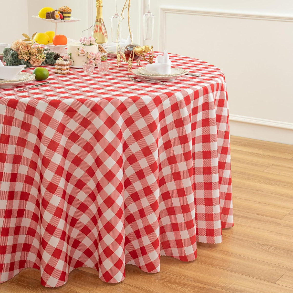 Waterproof Plaid Tablecloth Fabric - Round 108 Inch Classic Gingham Checker Table Cloth for
