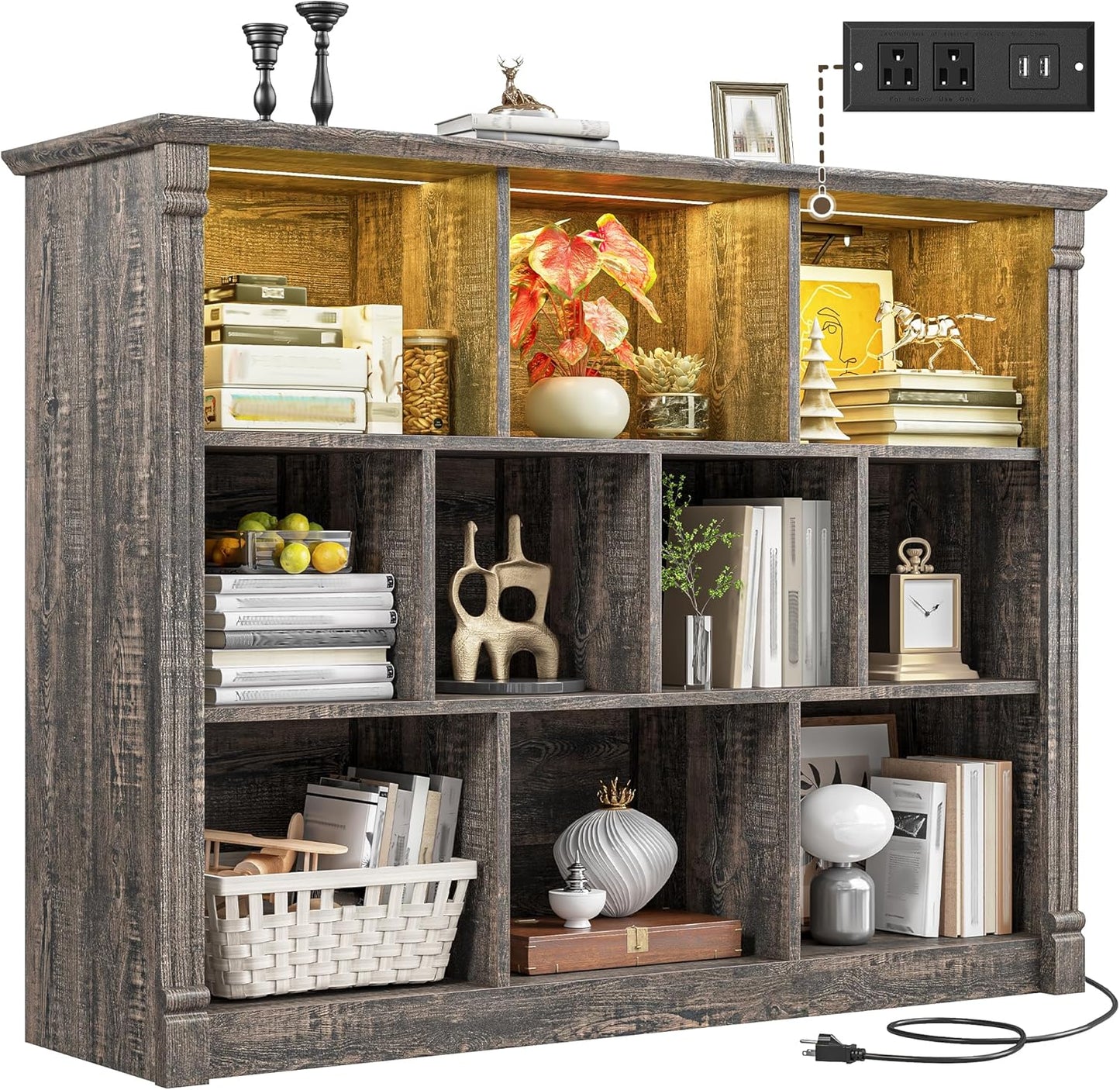EnHomee 10 Cube Storage Organizer with LED Light and Charging Station Wood Cube Shelf Display