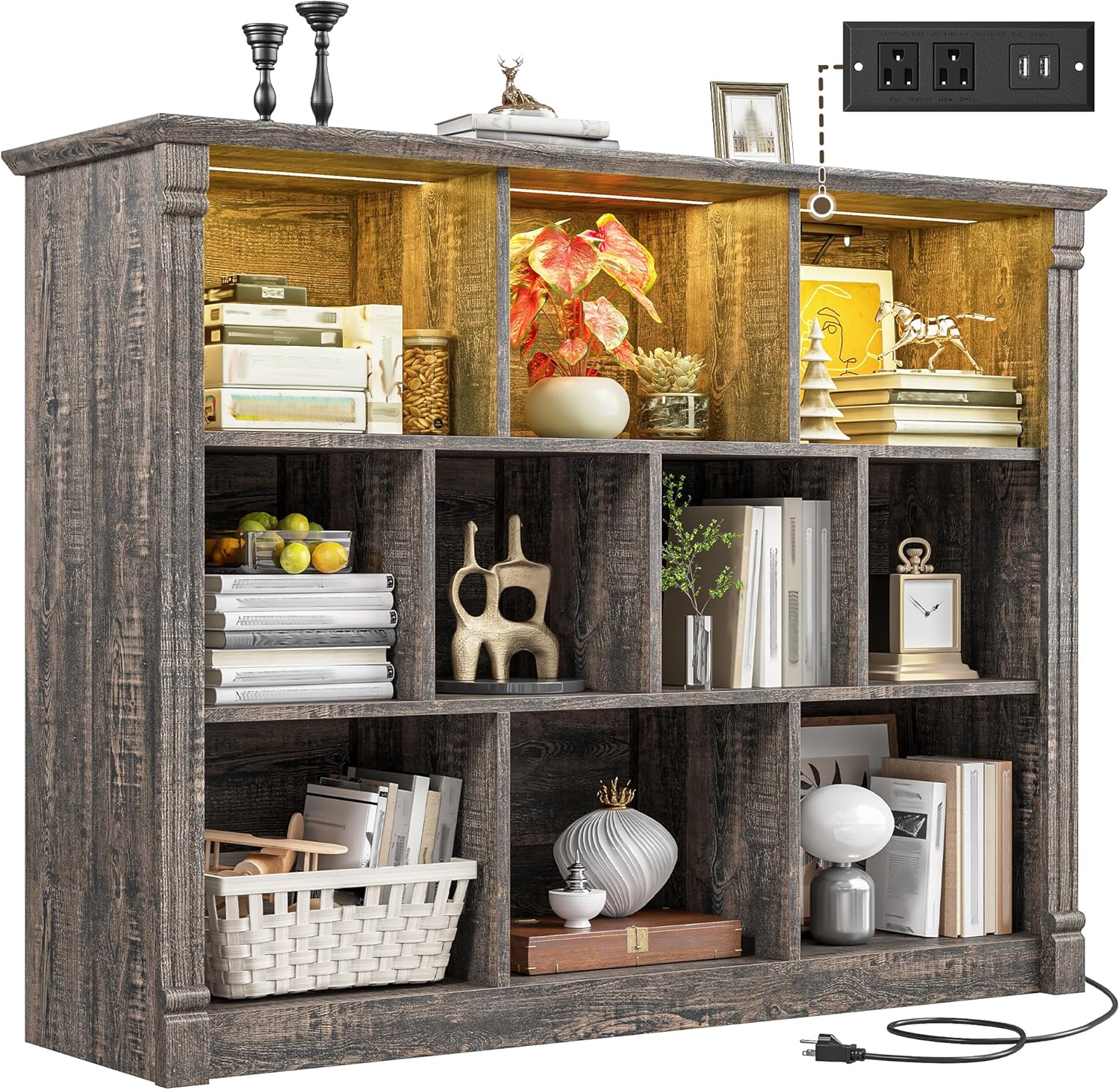 EnHomee 10 Cube Storage Organizer with LED Light and Charging Station Wood Cube Shelf Display
