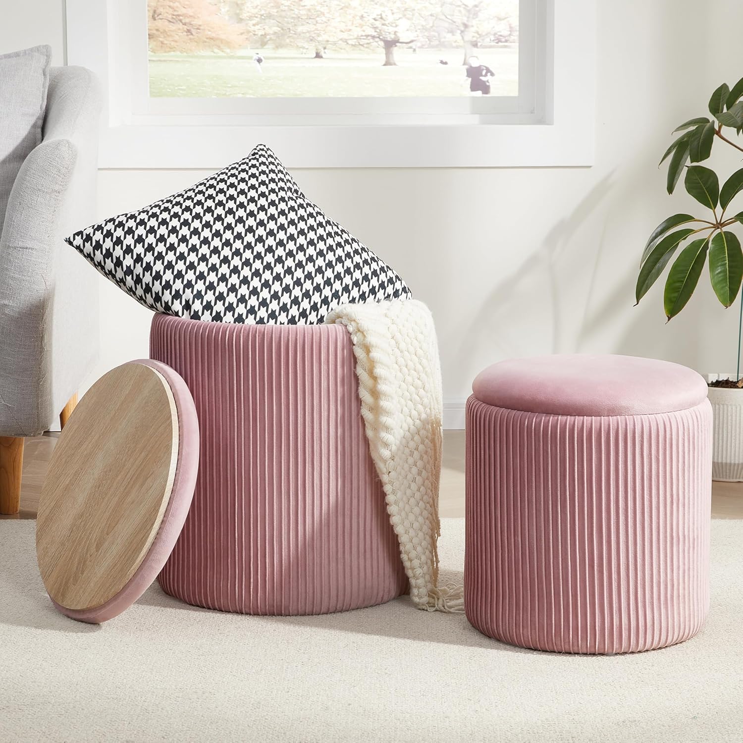Round Ottoman with Storage Set of 2,Vanity Stool with Storage for Bedroom, Ottoman Coffee