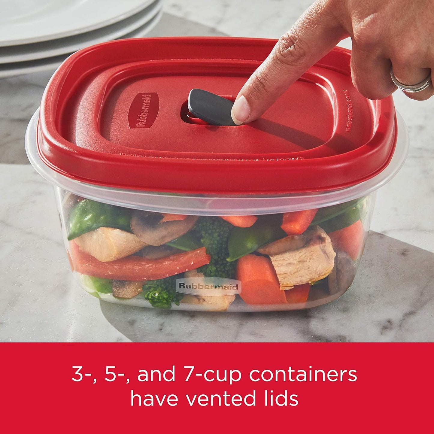 Rubbermaid 16-Piece BPA-Free Plastic Food Storage Set, Red Vented Lids - Microwave, Dishwasher