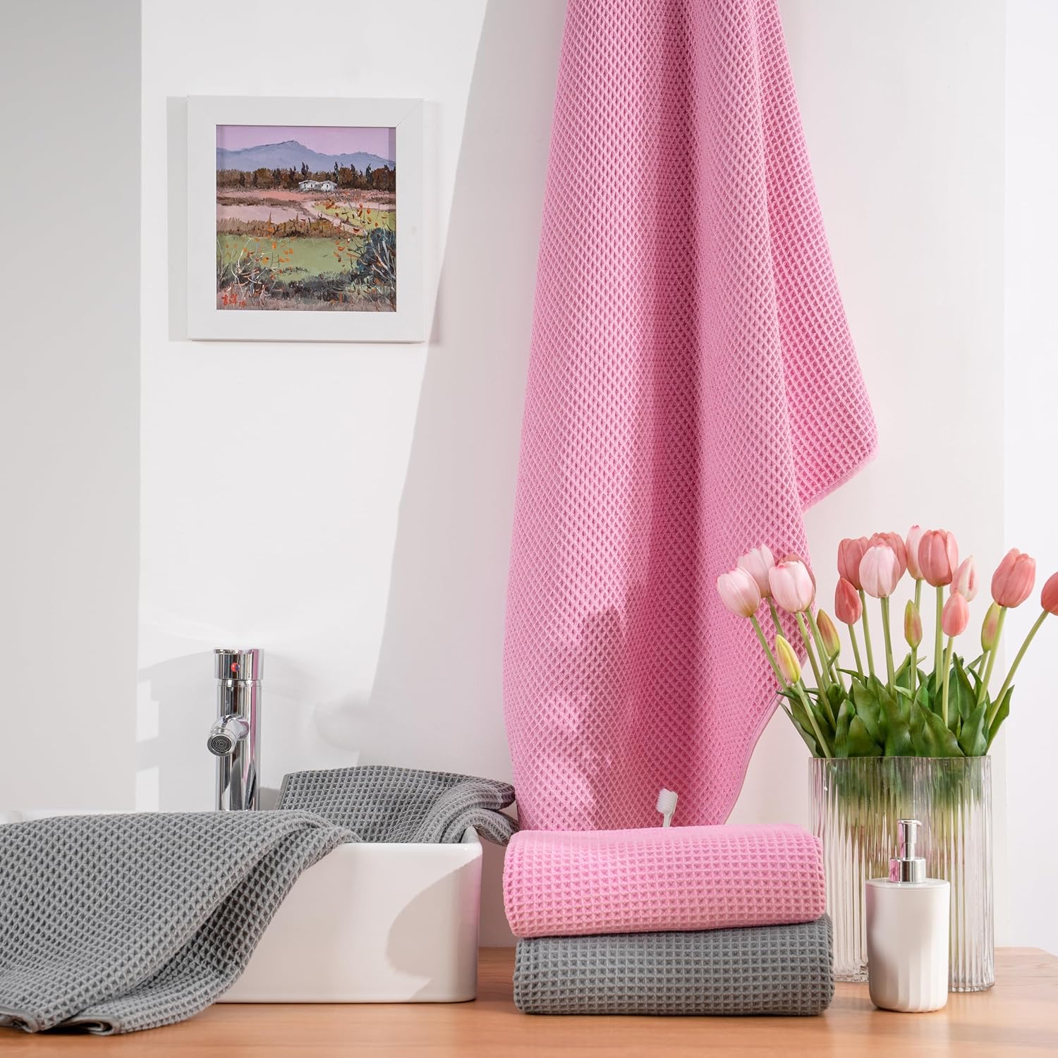POLYTE Microfiber Oversize Quick Dry Lint Free Bath Towel, 60 x 30 in, 4 Pack (Waffle Weave)