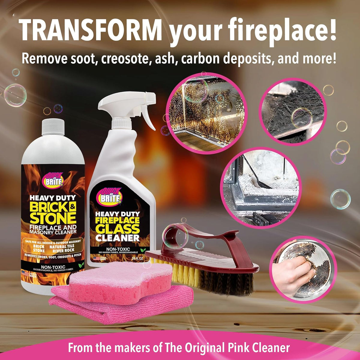 Quick N Brite Fireplace Cleaning Kit – Includes 24 oz Fireplace Glass Cleaner, 32 oz Gel Fireplace