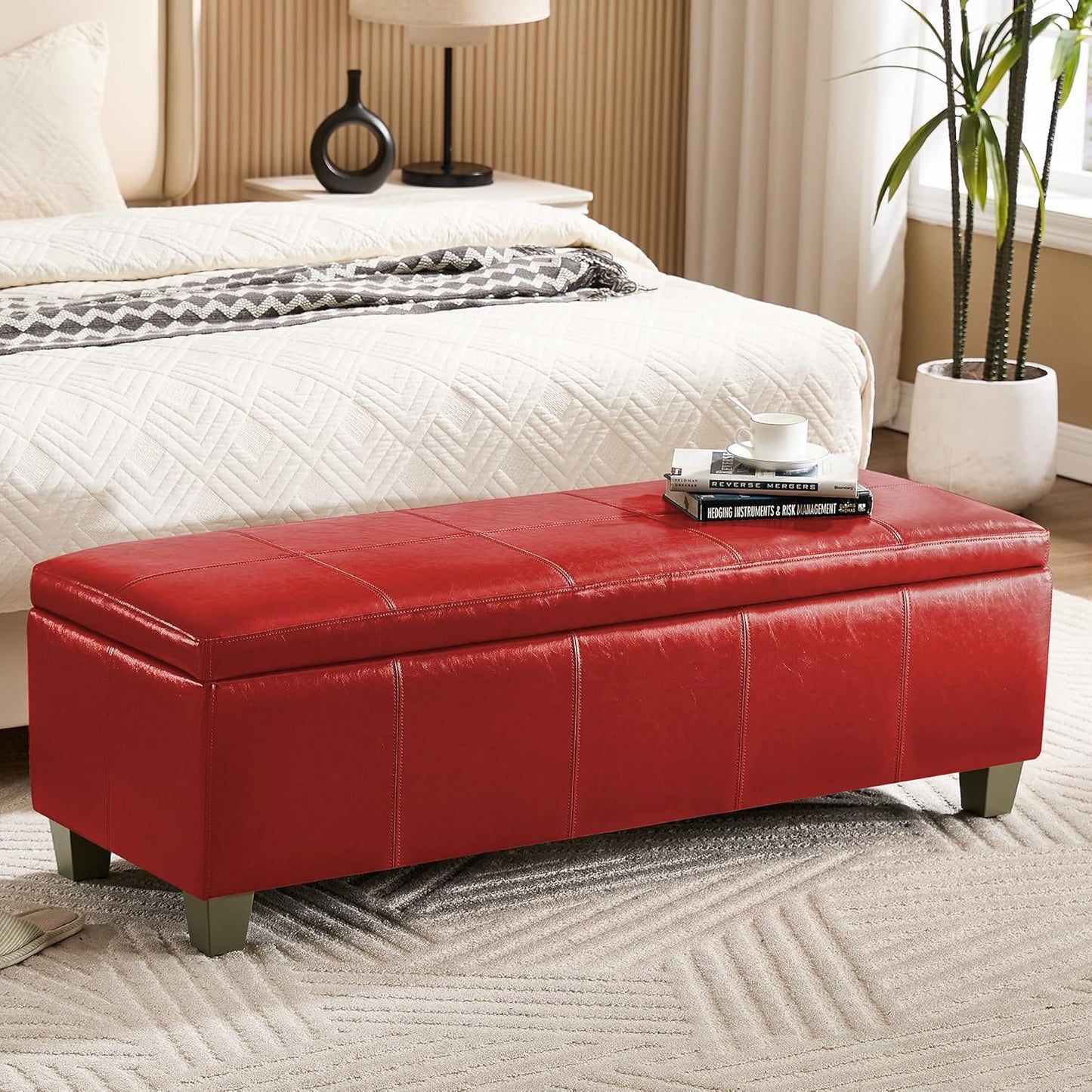 51" Faux Leather Storage Ottoman, Stitch Tufted Rectangle Upholstered End of Bed Storage Bench