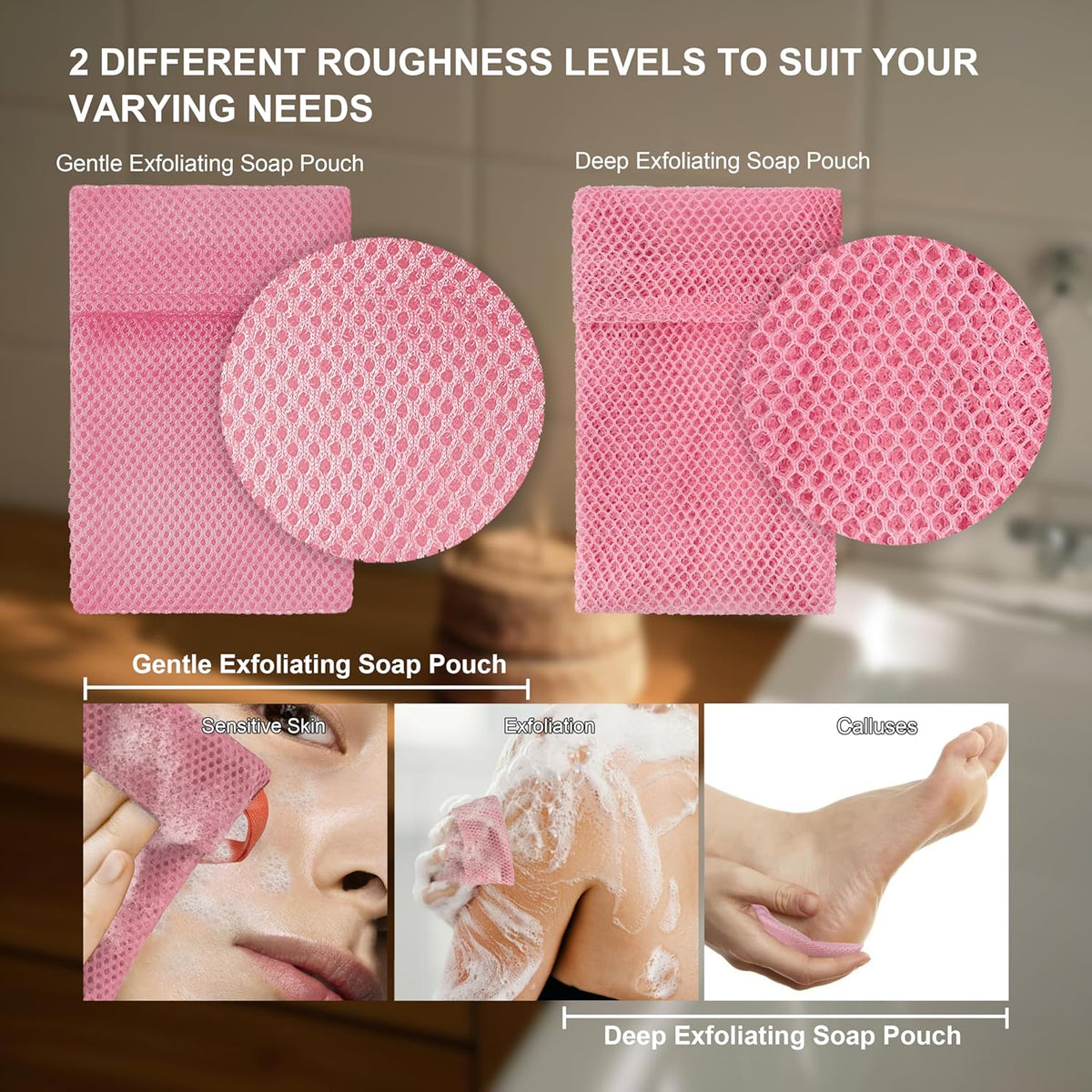 2 Pack Soap Bag Different Roughness Deep and Gentle,Bar Soap Pouch Saver Pocket,Body Scrubber