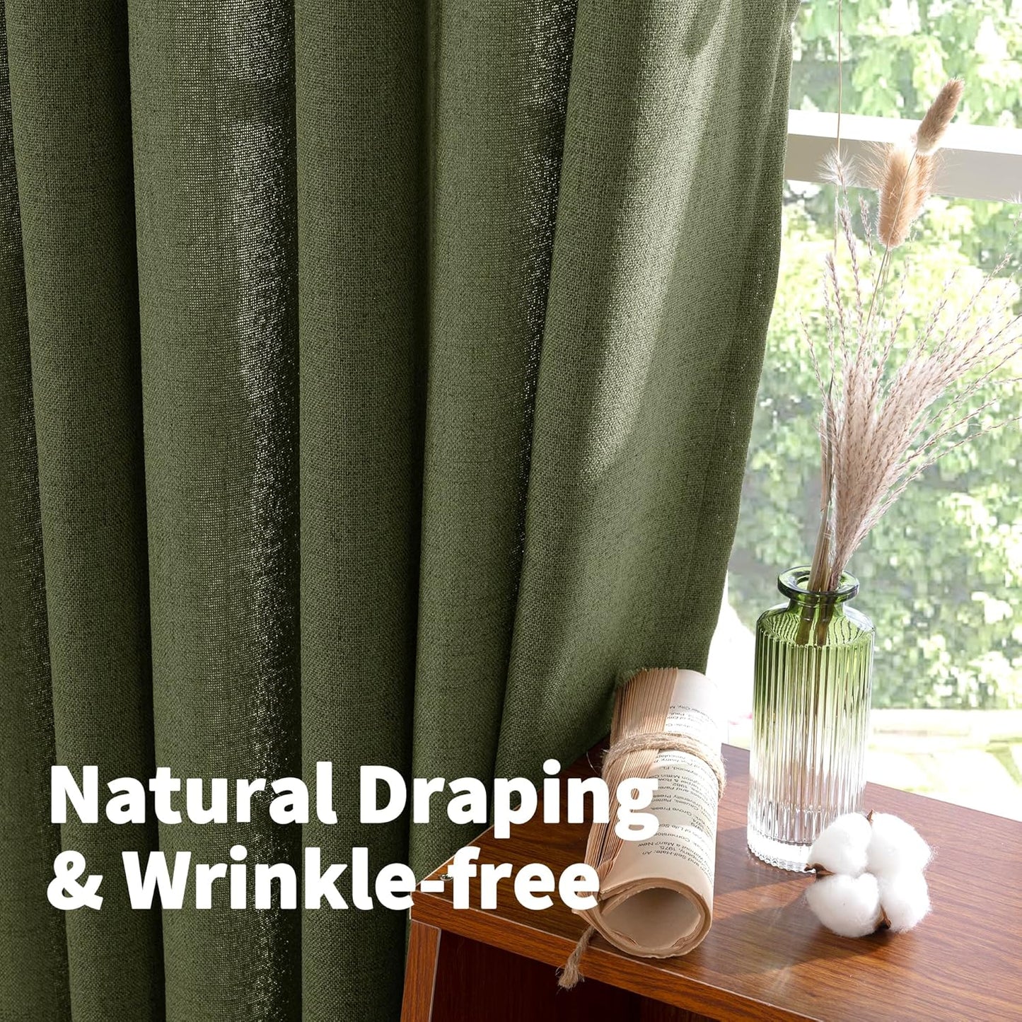 YoungsTex Olive Green Linen Curtains 80 Inch Length for Living Room, Semi Sheer Window Drapes with