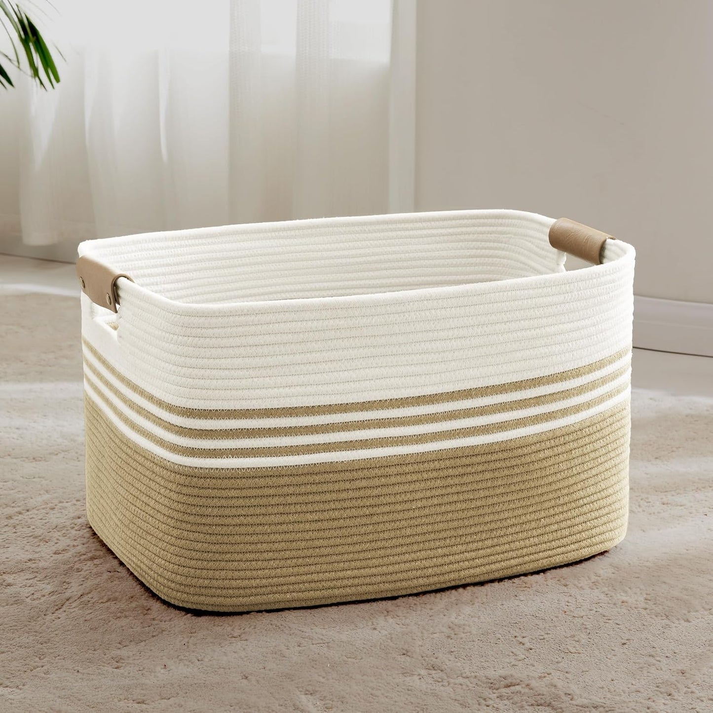 72L Large Laundry Basket with Leather Handles for Living Room Storage, Woven Rope Baskets Bin for