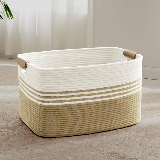 72L Large Laundry Basket with Leather Handles for Living Room Storage, Woven Rope Baskets Bin for