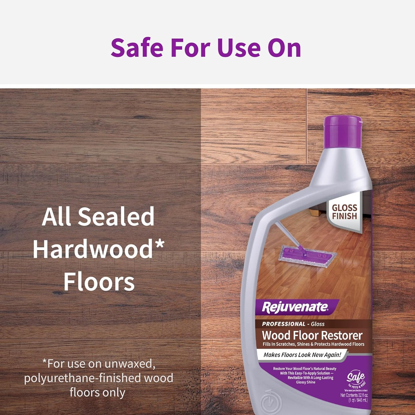 Rejuvenate Professional Wood Floor Restorer and Polish with Durable Finish Non-Toxic Easy Mop On