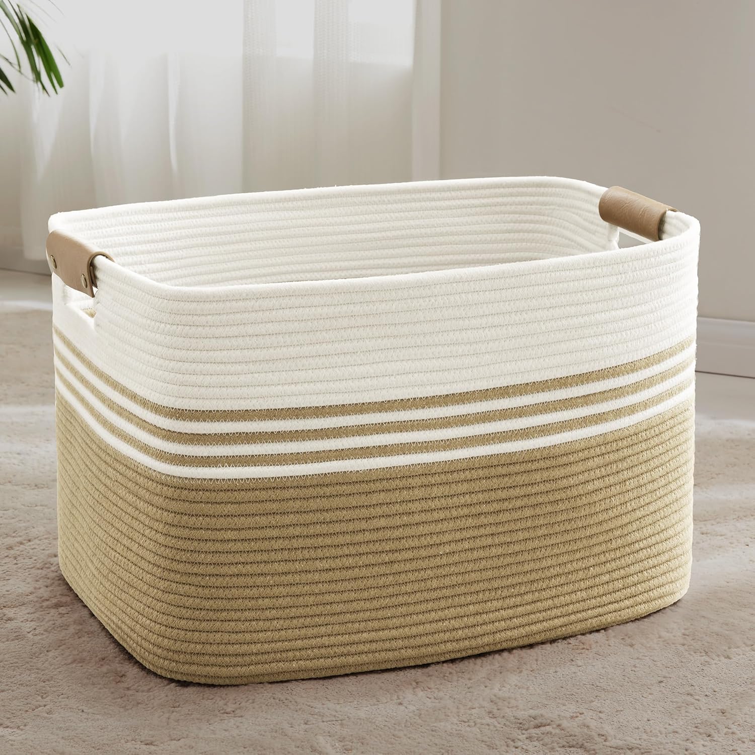 86L Extra Large Laundry Basket with Leather Handles for Living Room Storage, Woven Rope Baskets for