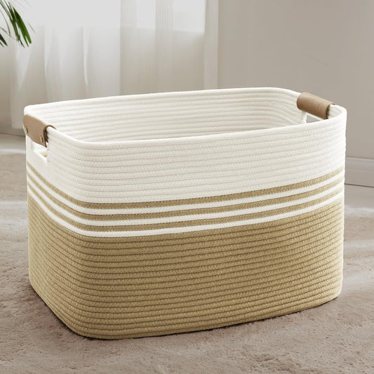 86L Extra Large Laundry Basket with Leather Handles for Living Room Storage, Woven Rope Baskets for