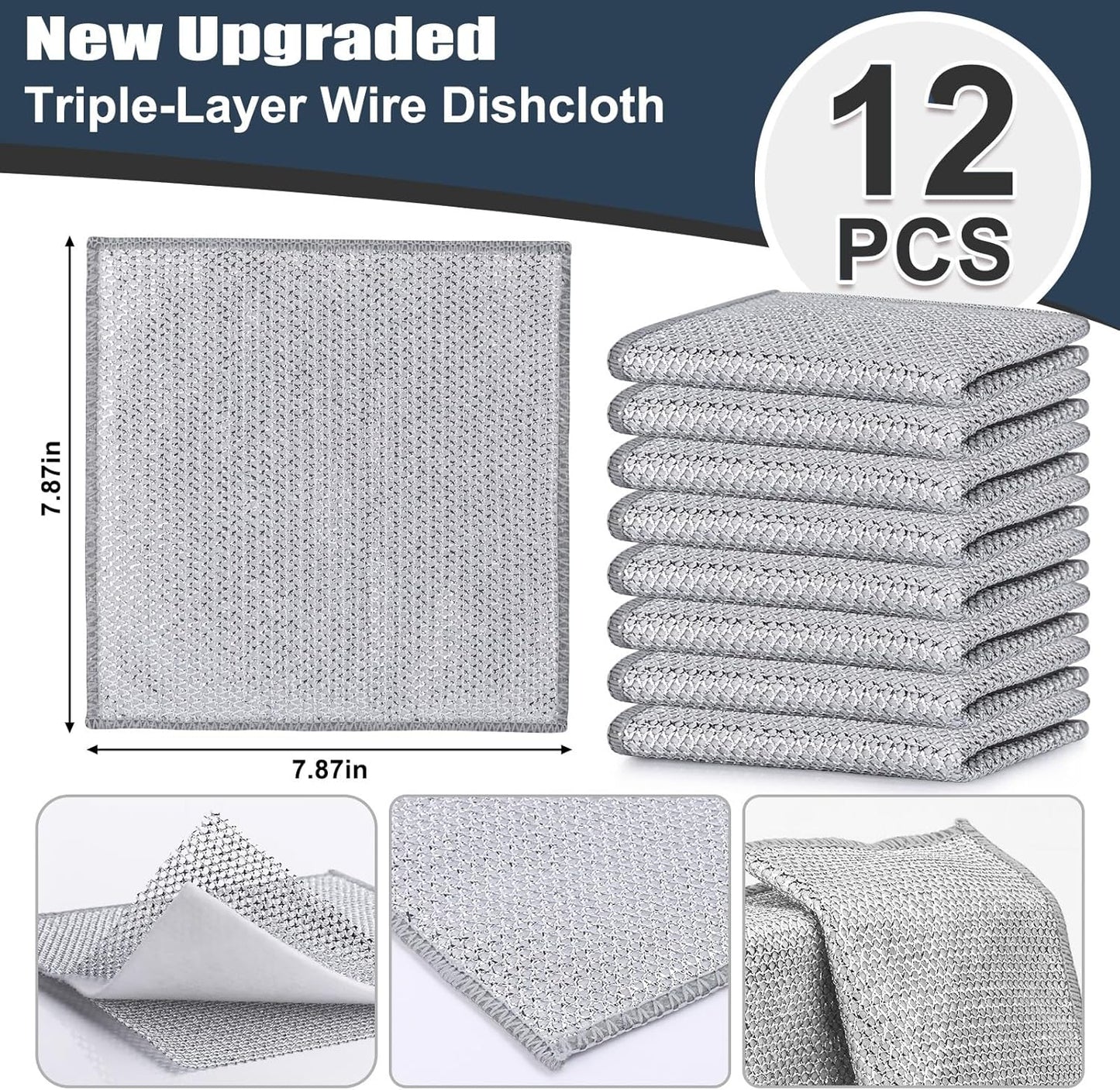 Navona 12 Pcs New Upgrade Steel Wire Dishcloth,Triple-Layer Steel Wire Cleaning Cloth,Powerful