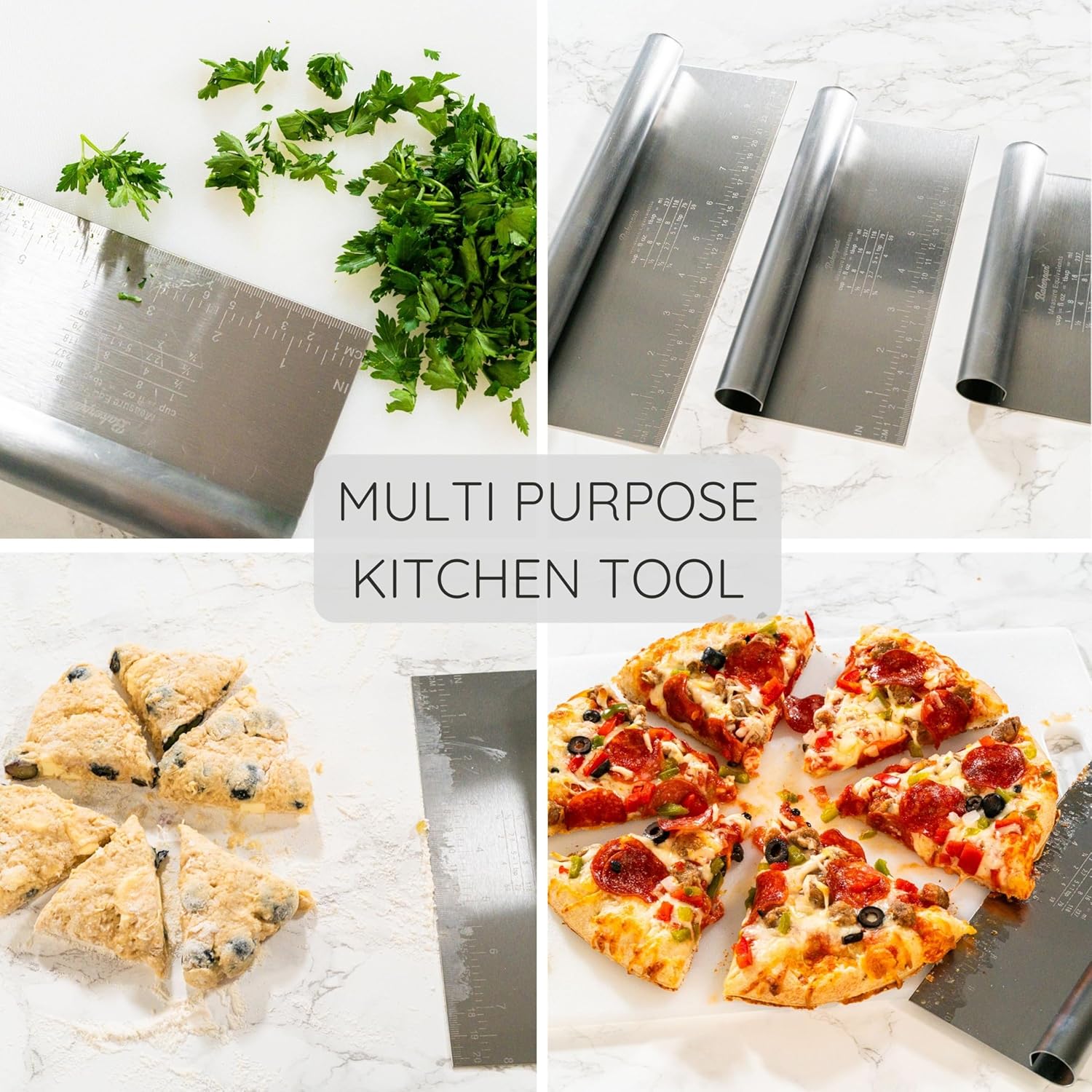 Bakerpan Stainless Steel Heavy Duty Dough Cutter, 3 Size Set - Metal Bench Scraper Kitchen