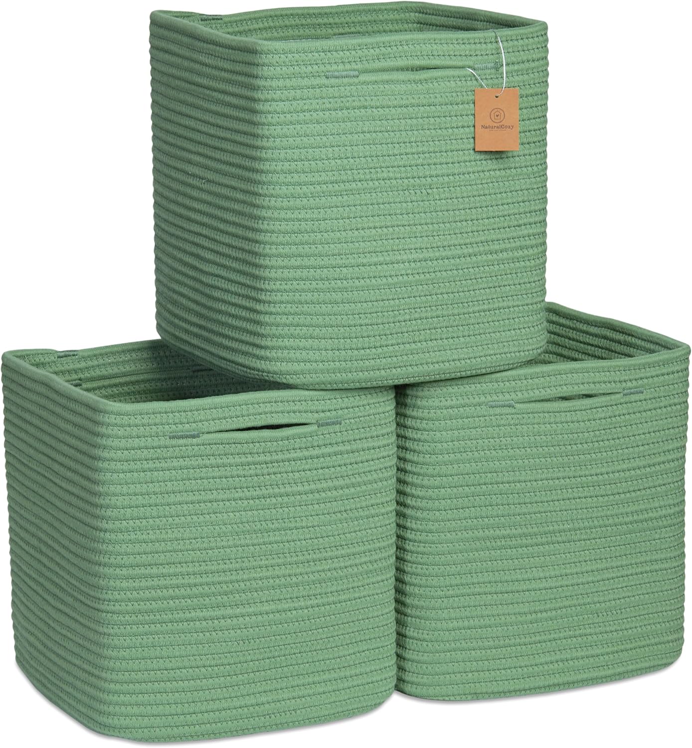 NaturalCozy Storage Cubes 11 Inch Cotton Rope Woven Baskets for Organizing, 3-Pack | Cube Storage