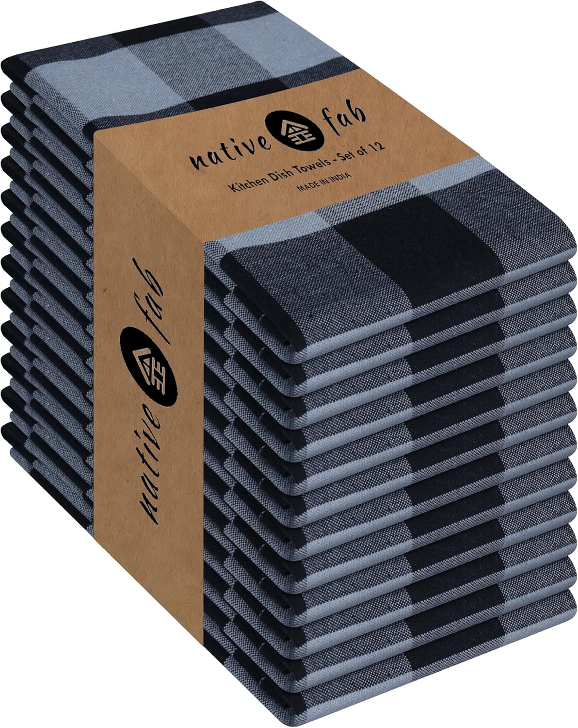 Native Fab 12 Pack Buffalo Check Kitchen Dish Towels, Cotton, Durable, Washable 16"x26" - Tea