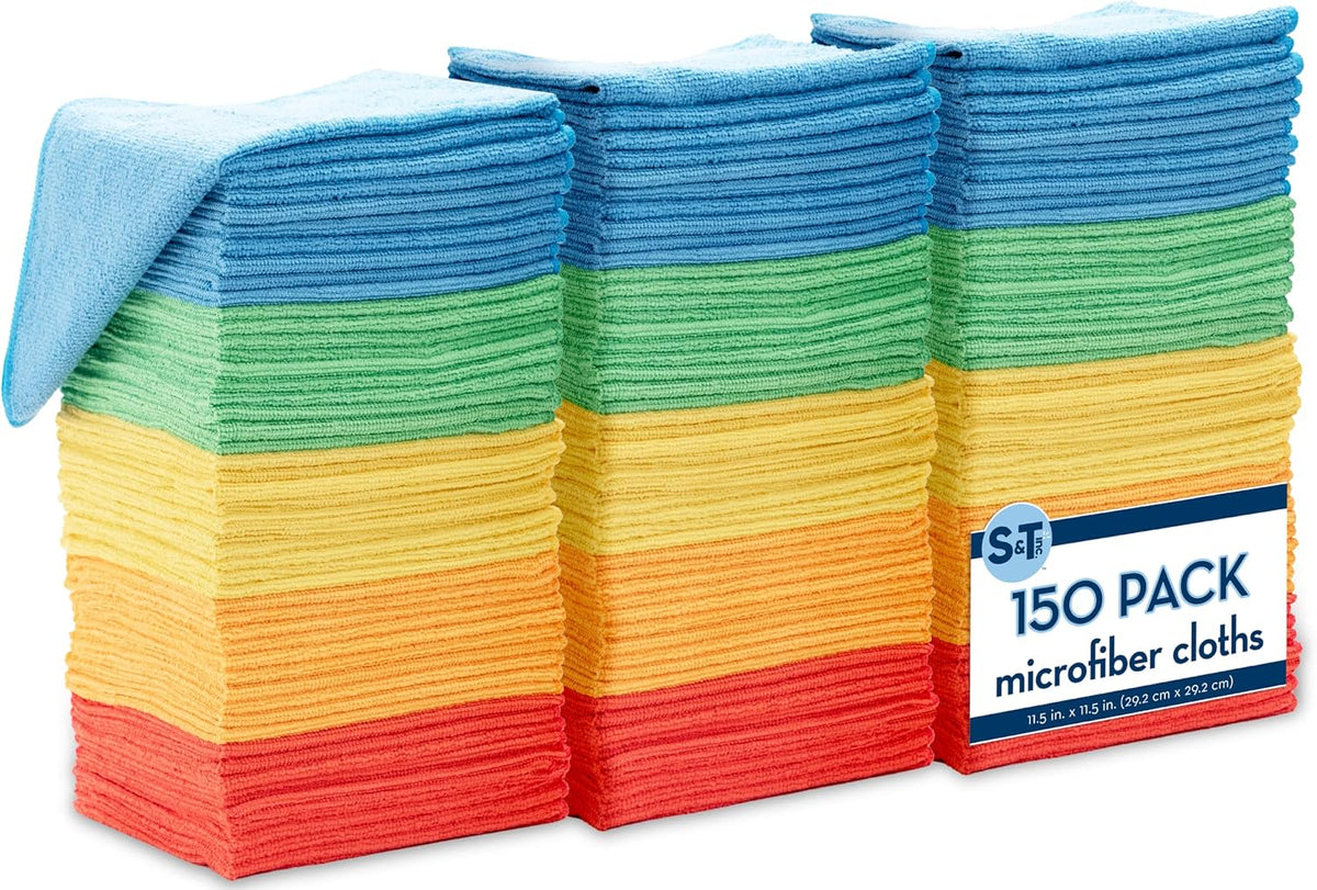 S&T INC. 150 Pack Microfiber Cleaning Cloth, Bulk Towels for Home, Reusable Microfiber Towels for