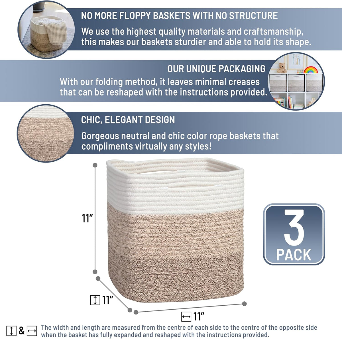 NaturalCozy Storage Cubes 11 Inch Cotton Rope Woven Baskets for Organizing, 3-Pack | Cube Storage