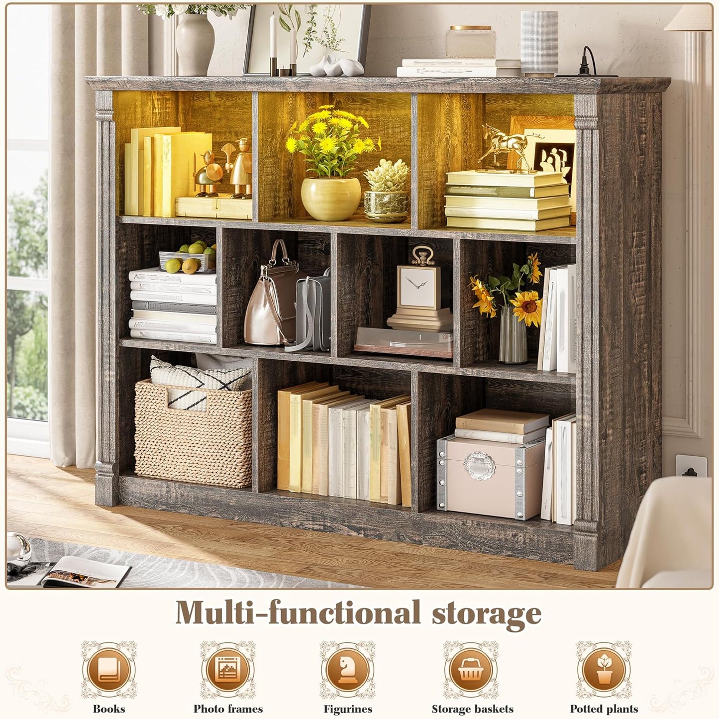 EnHomee 10 Cube Storage Organizer with LED Light and Charging Station Wood Cube Shelf Display