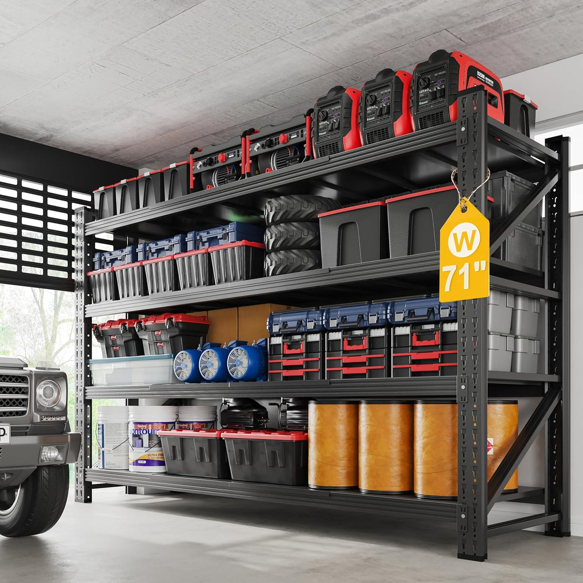 5000LBS Metal Steel Storage Shelves - 71.3" W Black 4 Tier Heavy Duty Rack Commercial Industrial