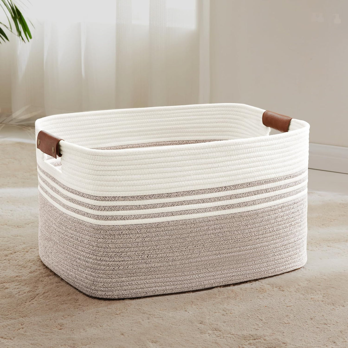 72L Large Laundry Basket with Leather Handles for Living Room Storage, Woven Rope Baskets Bin for