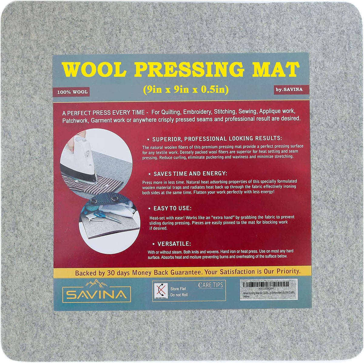 Wool Pressing Mat - 9" x 9" Quilting Ironing Pad - 100% New Zealand Felted Wool Iron Board for