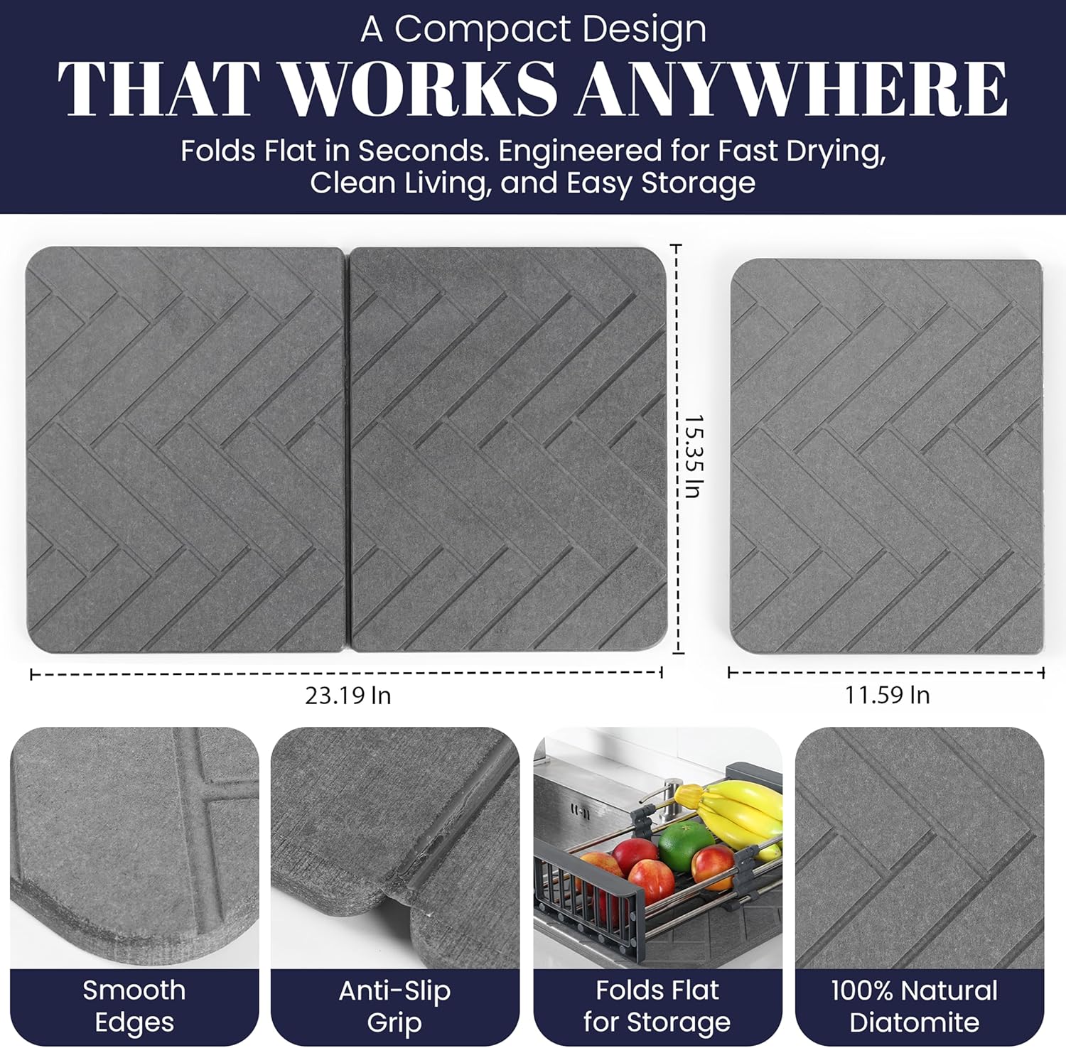 Large Folding Stone Dish Drying Mat for Kitchen Counter – Super Absorbent Diatomite Pad for Dishes