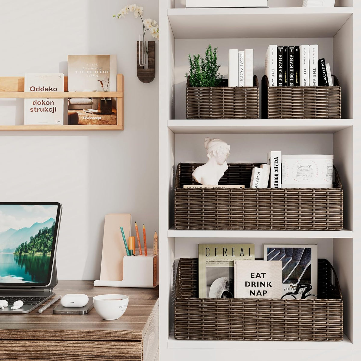 Ollieroo Rattan Storage Baskets, Handwoven Wicker Storage Bins with Built-in Handles, Storage