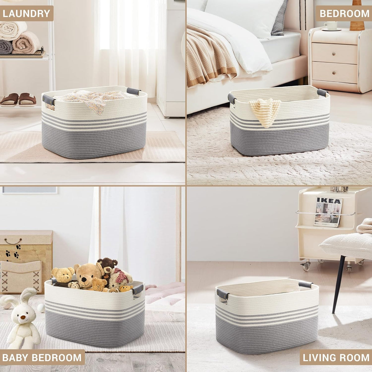 60L Large Laundry Basket with Leather Handles for Living Room Storage, Woven Rope Baskets Bin for