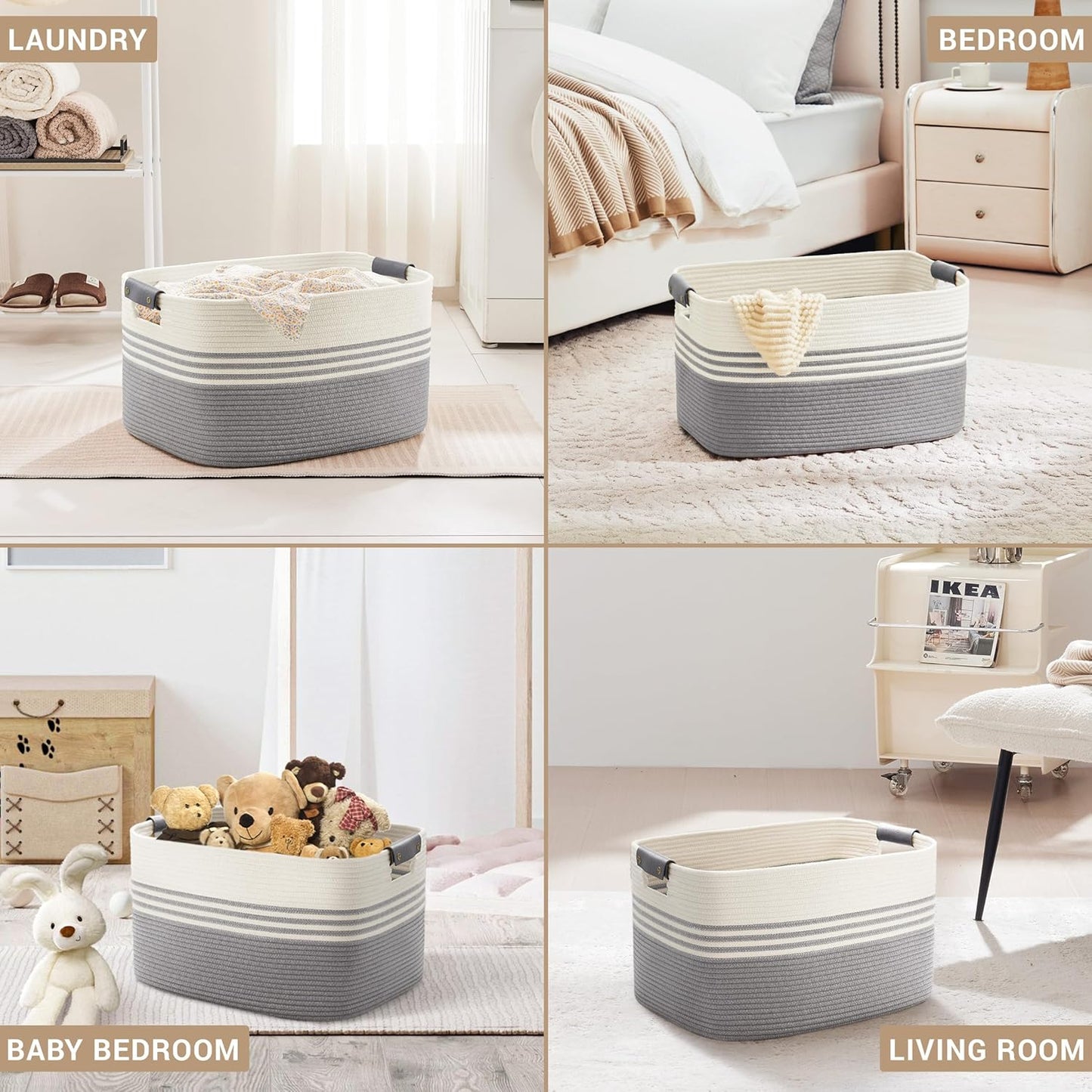 72L Large Laundry Basket with Leather Handles for Living Room Storage, Woven Rope Baskets Bin for