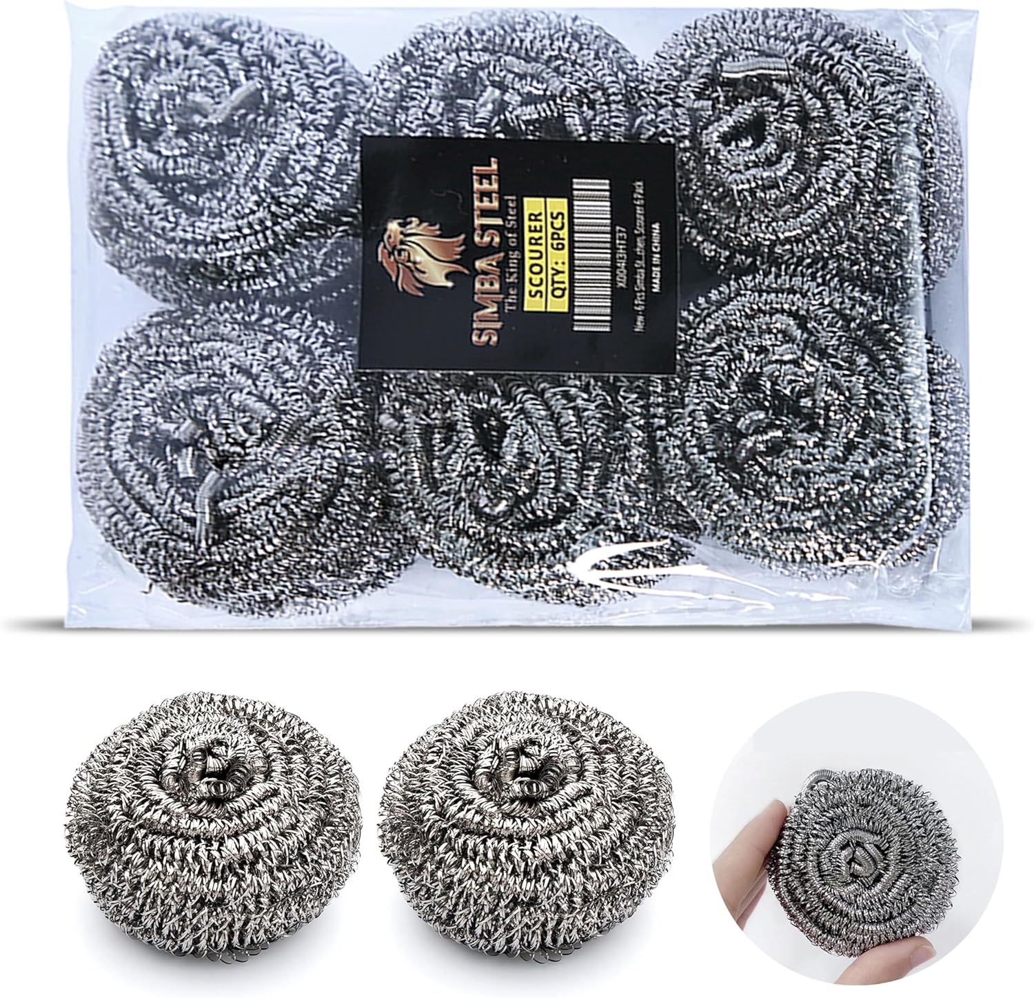 6 Pcs Simba Stainless Steel Wool Scrubber Pads for Cleaning Pans, Pots, Dishes, Ovens, Grills