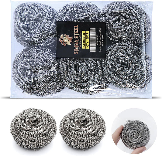 6 Pcs Simba Stainless Steel Wool Scrubber Pads for Cleaning Pans, Pots, Dishes, Ovens, Grills