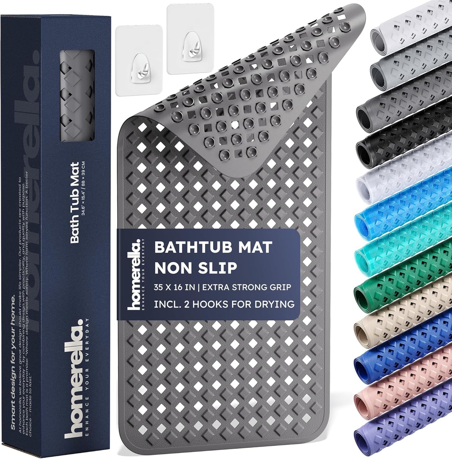 homerella® Bathtub Mat Non Slip 35x16, Incl. Hooks for Drying, Extra Long, 100% BPA Free, Shower