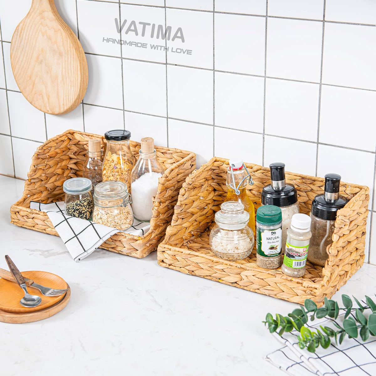 VATIMA Water Hyacinth Storage Baskets for Organizing, Medium Open-Front Wicker Basket for Kitchen
