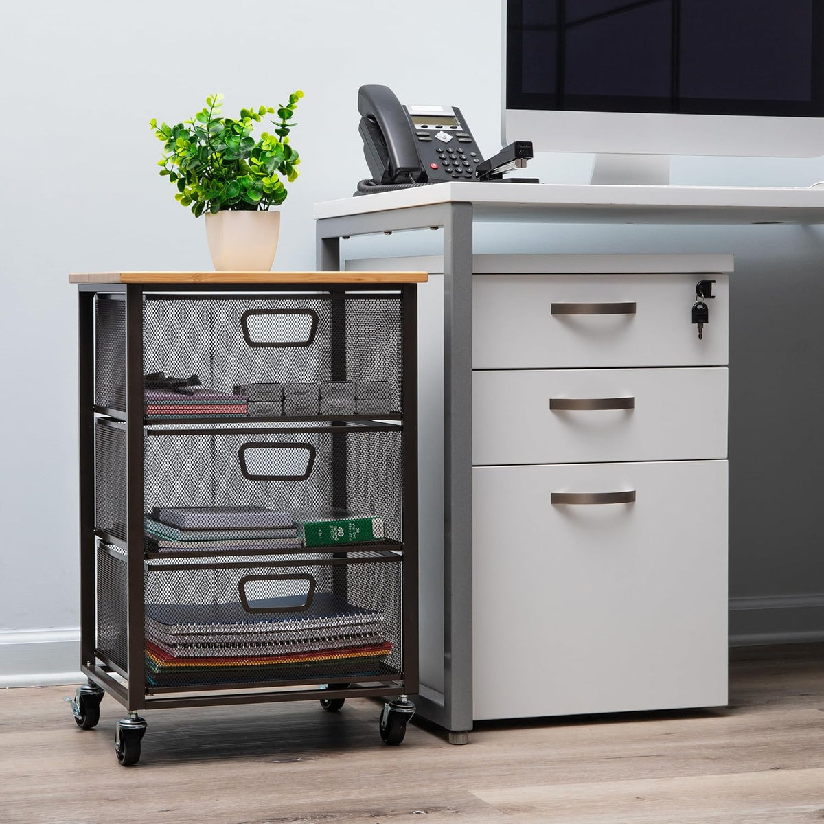 Mind Reader 3-Drawer Rolling Storage Cart, Office Organizer with Wood Top, Multipurpose Portable