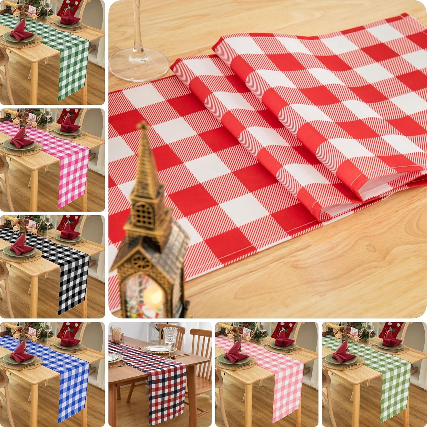 Waterproof Checkered Tablecloth Runner Fabric - Rectangle 12x108 Inch Classic Gingham Buffalo Plaid
