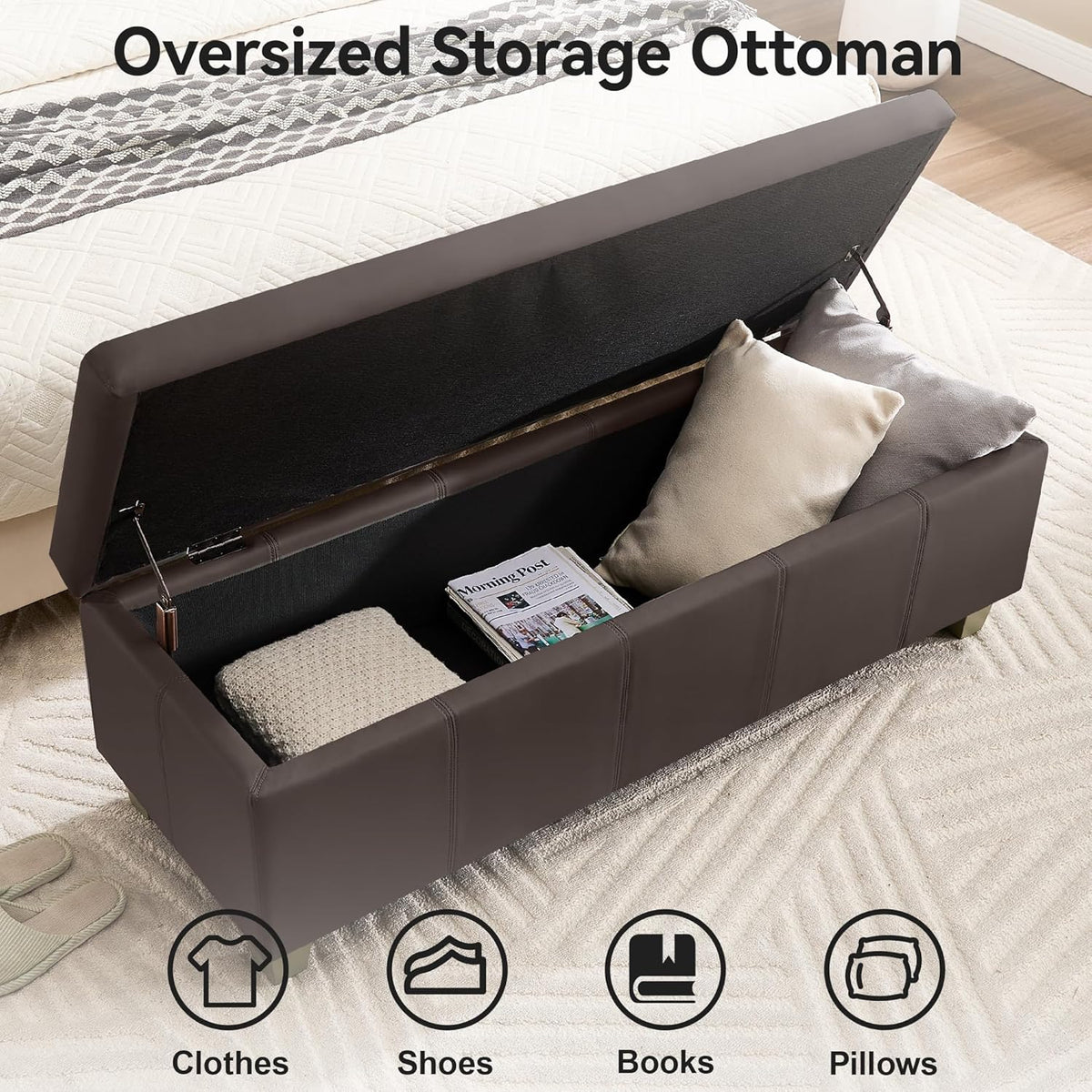 51" Faux Leather Storage Ottoman, Stitch Tufted Rectangle Upholstered End of Bed Storage Bench
