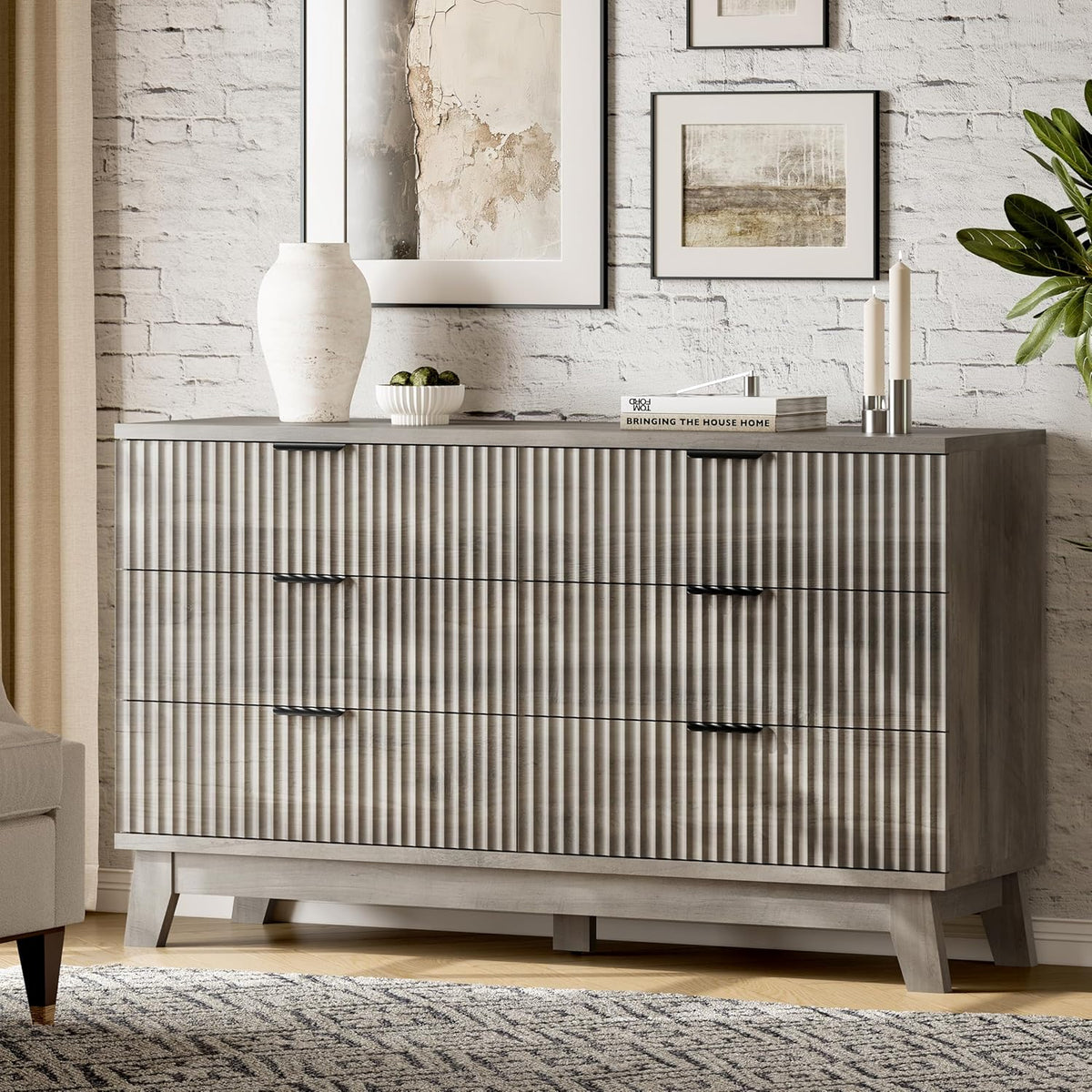 Fluted Dresser with 6 Drawers, 54" Wide Modern Chest of Drawers with Metal Handle, Wooden Dresser