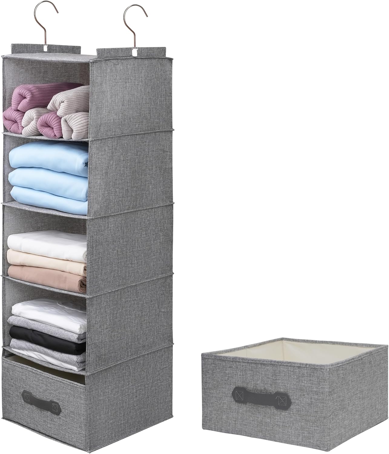 Large Hanging Sweater Organizer for Closet,Collapsible 6-Shelf Hanging Closet Shelves with Drawers