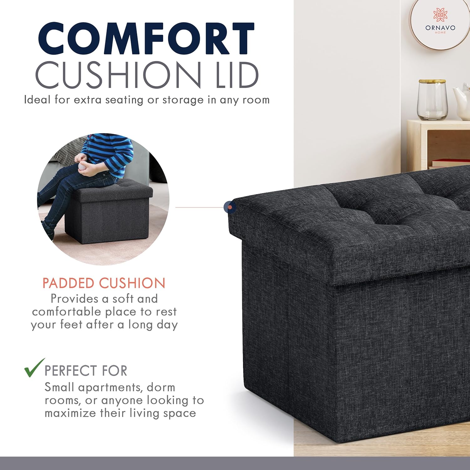 Ornavo Home Small Storage Ottoman Foldable Collapsible Rectangle Linen Ottoman Foot Rest Stool