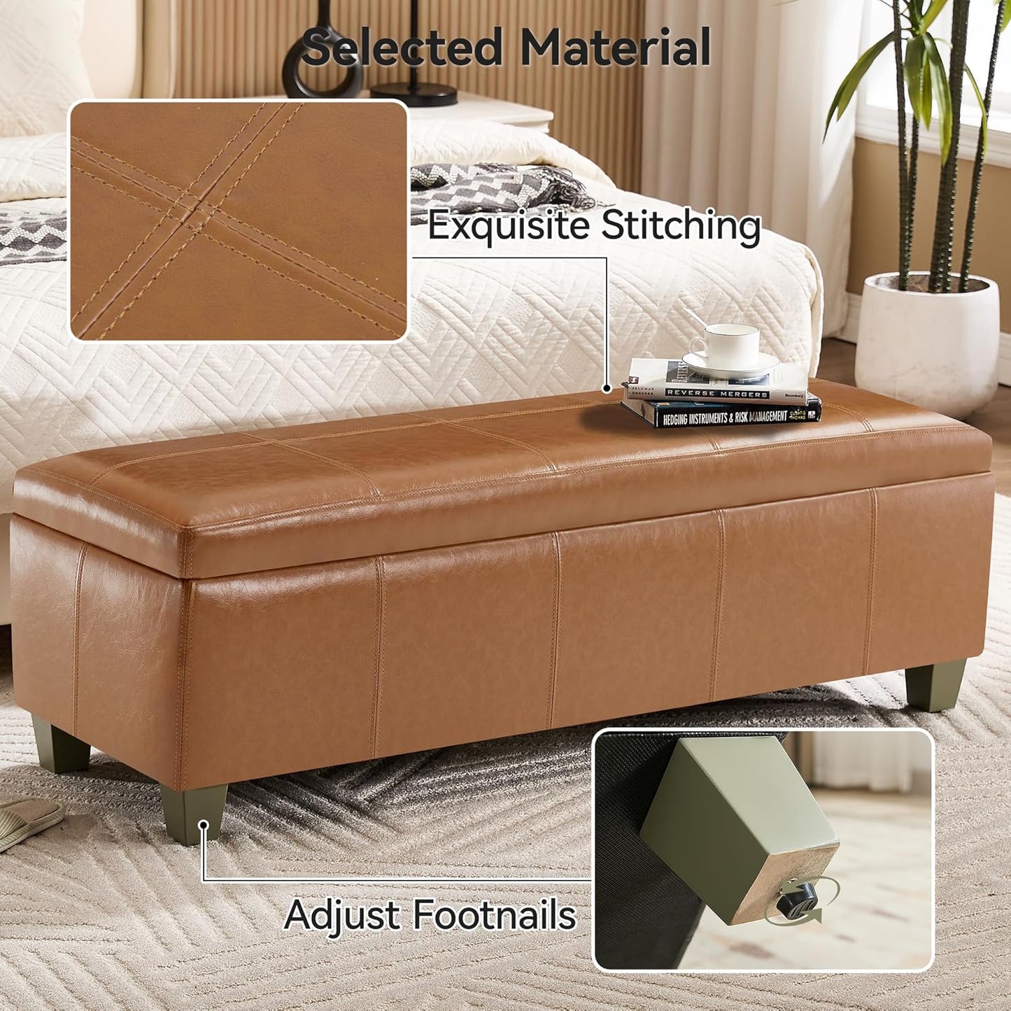 51" Faux Leather Storage Ottoman, Stitch Tufted Rectangle Upholstered End of Bed Storage Bench