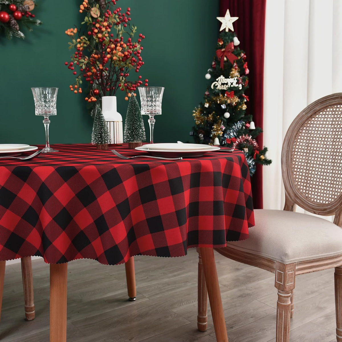 Waterproof Plaid Tablecloth Fabric - Round 58 Inch Classic Gingham Checker Table Cloth for