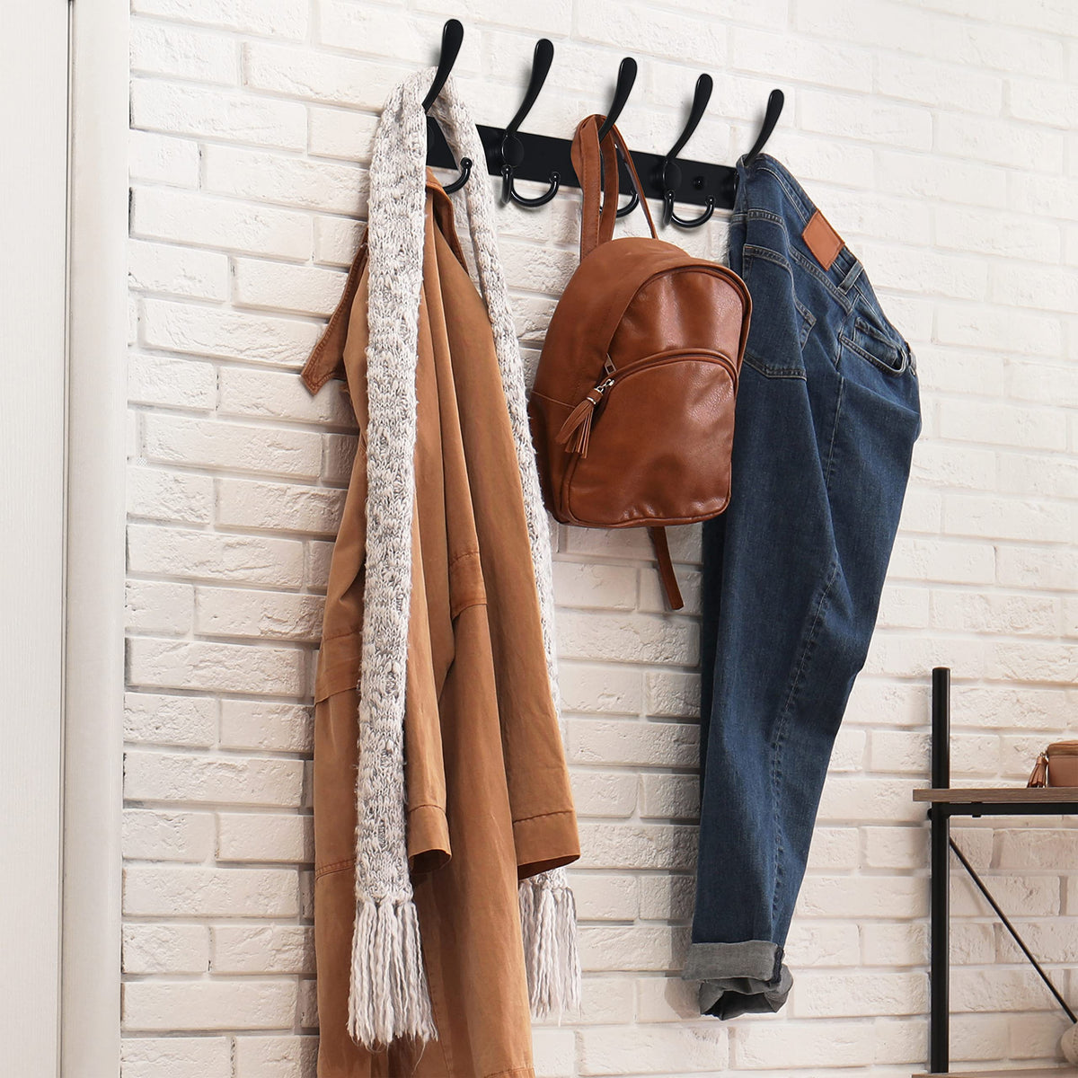 Dseap Coat Rack Wall Mounted - 5 Tri Hooks, Heavy Duty, Stainless Steel, Metal Coat Hook Rail for